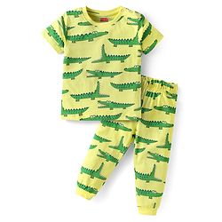Babyhug Cotton Knit Half Sleeves Co-ords Night Suit  with Dino Print -Limegreen