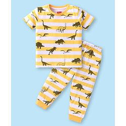 Babyhug Cotton Knit Half Sleeves Co-ords Night Suit with Dino Print - Yellow