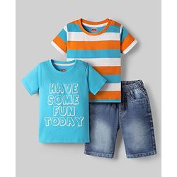 Babyhug Single Jersey Woven Half Sleeves Striped & Printed T-Shirts & Denim Shorts Set - Multicolor