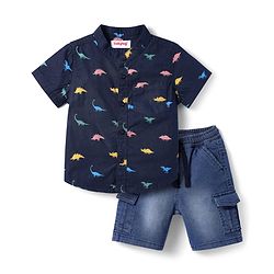 Babyhug Cotton Knit Half Sleeves Shirt & Denim Shorts Set with Dino Print - Navy Blue