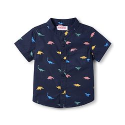 Babyhug Cotton Knit Half Sleeves Shirt & Denim Shorts Set with Dino Print - Navy Blue