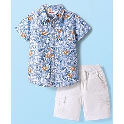 Babyhug Cotton Woven Half Sleeves Shirt & Shorts Set With Floral Print - White