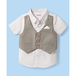 Babyhug Cotton Woven Half Sleeves Solid Color Shirt & Shorts Set with Attached Waistcoat - White & Grey