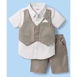 Babyhug Cotton Woven Half Sleeves Solid Color Shirt & Shorts Set with Attached Waistcoat - White & Grey