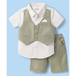 Babyhug Cotton Woven Half Sleeves Solid Color Shirt & Shorts Set with Attached Waistcoat - White & Light Green