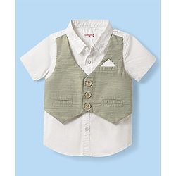 Babyhug Cotton Woven Half Sleeves Solid Color Shirt & Shorts Set with Attached Waistcoat - White & Light Green