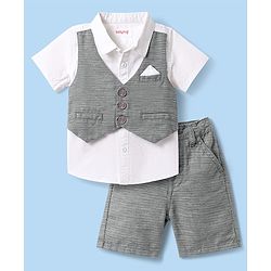 Babyhug Cotton Woven Half Sleeves Solid Color Shirt & Shorts Set with Attached Waistcoat - White & Grey