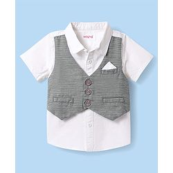 Babyhug Cotton Woven Half Sleeves Solid Color Shirt & Shorts Set with Attached Waistcoat - White & Grey