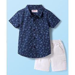 Babyhug Cotton Knit Half Sleeves Shirt & Shorts with Floral Print - Navy Blue & Beige