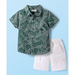 Babyhug Cotton Woven Half Sleeves Shirt & Shorts Set With Leaf Print - Green & White