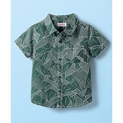 Babyhug Cotton Woven Half Sleeves Shirt & Shorts Set With Leaf Print - Green & White