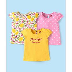 Babyhug Cotton Knit Cap Sleeves T-Shirts with Floral Polka Dots & Text Print Pack of 3 - Yellow Pink & White