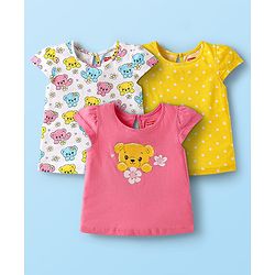 Babyhug Cotton Knit Cap Sleeves T-Shirts with Bear Print Pack of 3 - Pink White & Yellow