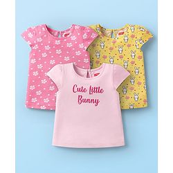 Babyhug Cotton Knit Cap Sleeves T-Shirts with Floral Bunny & Text Print Pack of 3 - Yellow & Pink