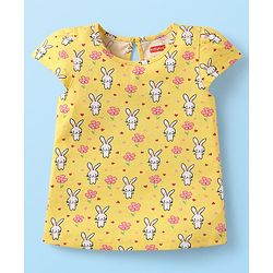 Babyhug Cotton Knit Cap Sleeves T-Shirts with Floral Bunny & Text Print Pack of 3 - Yellow & Pink