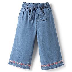 Babyhug Cotton Denim Ankle Length Culottes With Floral Embroidery - Blue