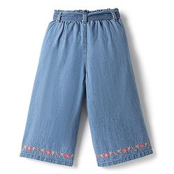 Babyhug Cotton Denim Ankle Length Culottes With Floral Embroidery - Blue