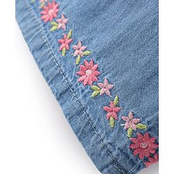 Babyhug Cotton Denim Ankle Length Culottes With Floral Embroidery - Blue