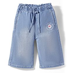 Babyhug Ankle Length Washed Denim Culottes With Floral Embroidered - Blue