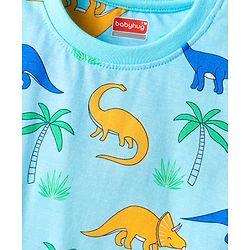 Babyhug Cotton Knit Full Sleeves Shorts Night Suits With Dino & Text Print - Blue & Green