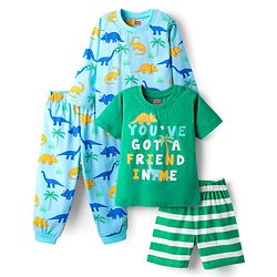 Babyhug Cotton Knit Full Sleeves Shorts Night Suits With Dino & Text Print - Blue & Green