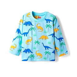 Babyhug Cotton Knit Full Sleeves Shorts Night Suits With Dino & Text Print - Blue & Green