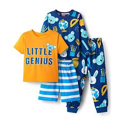 Babyhug Cotton Knit Striped Half & Full Night Sleeves Night Suits with Animal Print - Navy Blue & Orange