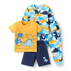 Babyhug Cotton Knit Full & Half Sleeves Night Suits With Dino Print - Yellow Navy & Light Blue