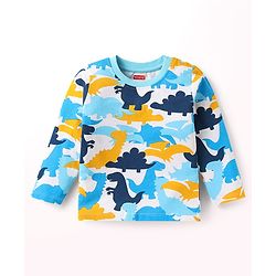 Babyhug Cotton Knit Full & Half Sleeves Night Suits With Dino Print - Yellow Navy & Light Blue