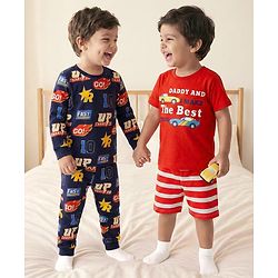 Babyhug Cotton Knit Full & Half Sleeves Night Suit With Stripes & Sport Theme Print Set Of 2 - Navy Blue & Red