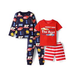 Babyhug Cotton Knit Full & Half Sleeves Night Suit With Stripes & Sport Theme Print Set Of 2 - Navy Blue & Red