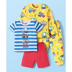 Babyhug Cotton Knit Half & Full Sleeves Night Suits with Vehicle Print & Stripes - Yellow White & Red