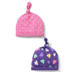 Babyhug 100% Cotton Knit Caps with Polka Dots & Butterfly Print Pack of 2 - Pink & Lilac
