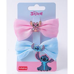 Babyhug Disney Bow Shaped Hair Pins & Clips with Stitch Applique Pack of 2 - Blue & Pink