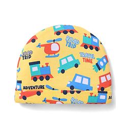 Babyhug 100% Cotton Interlock Knit Caps With Striped & Road Trip Print Pack Of 2 Yellow & Red - Diameter 16 cm