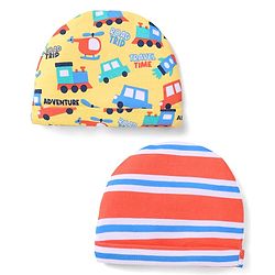Babyhug 100% Cotton Interlock Knit Caps With Striped & Road Trip Print Pack Of 2 Yellow & Red - Diameter 16 cm