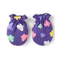 Babyhug 100% Cotton Interlock Knit Mittens & Booties With Butterfly Print - Purple