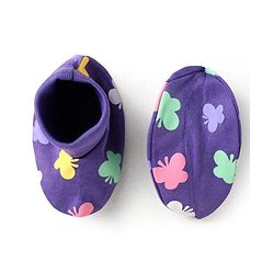 Babyhug 100% Cotton Interlock Knit Mittens & Booties With Butterfly Print - Purple