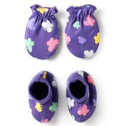 Babyhug 100% Cotton Interlock Knit Mittens & Booties With Butterfly Print - Purple