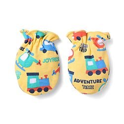 Babyhug 100% Cotton Knit Mittens & Booties Set with Vehicle Print - Yellow