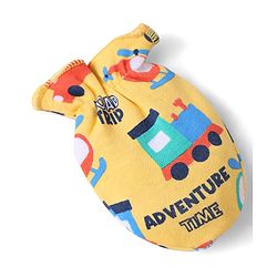 Babyhug 100% Cotton Knit Mittens & Booties Set with Vehicle Print - Yellow