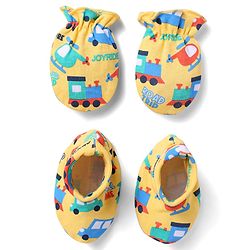 Babyhug 100% Cotton Knit Mittens & Booties Set with Vehicle Print - Yellow