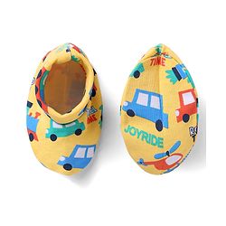 Babyhug 100% Cotton Knit Mittens & Booties Set with Vehicle Print - Yellow