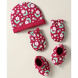 Babyhug 100% Cotton Cap Mittens And Booties Floral Printed Maroon - Diameter 12 cm