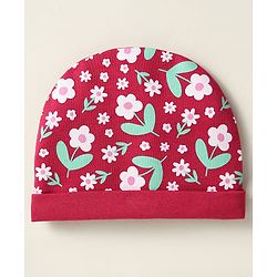 Babyhug 100% Cotton Cap Mittens And Booties Floral Printed Maroon - Diameter 12 cm