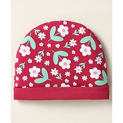 Babyhug 100% Cotton Cap Mittens And Booties Floral Printed Maroon - Diameter 12 cm