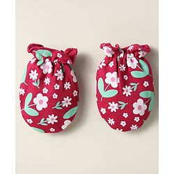 Babyhug 100% Cotton Cap Mittens And Booties Floral Printed Maroon - Diameter 12 cm
