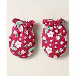 Babyhug 100% Cotton Cap Mittens And Booties Floral Printed Maroon - Diameter 12 cm