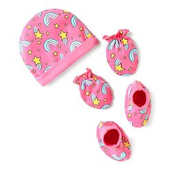 Babyhug 100% Cotton Interlock Knit Cap Mittens & Booties Set With Rainbow Print Pink - Diameter 14 cm