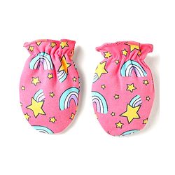 Babyhug 100% Cotton Interlock Knit Cap Mittens & Booties Set With Rainbow Print Pink - Diameter 14 cm